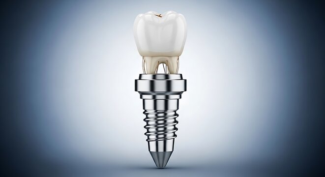 A detailed 3D rendering of a dental implant, showcasing a molar atop the metal screw
