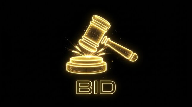 Glowing gold auction gavel concept for online bidding and sales on black background.