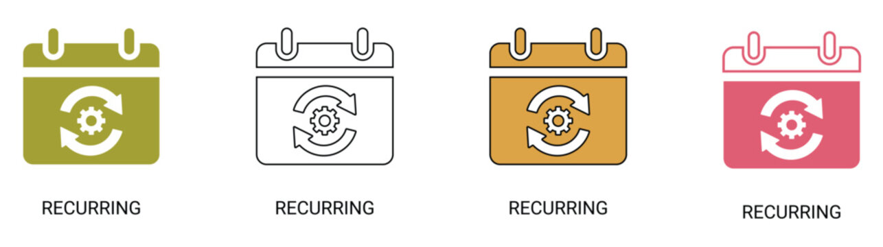Recurring calendar and schedule automation icon set, repeat event planner symbol, routine process organizer and auto time management vector.
