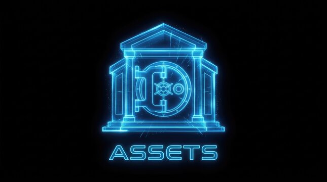 Fintech digital assets and secure banking hologram concept on a black background.