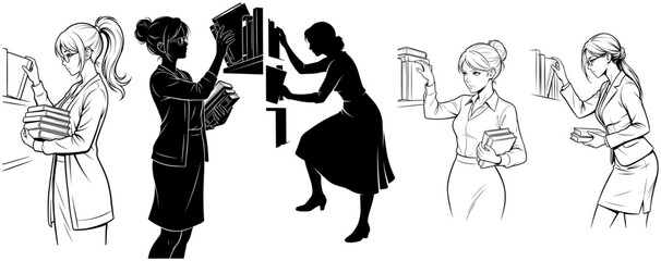 Women reading books set. Black and white line art. Education and library theme. For educational materials and posters. Suitable for stickers and social media.