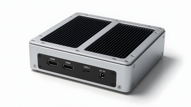 Industrial metallic computer hardware enclosure with cooling fins and ports.