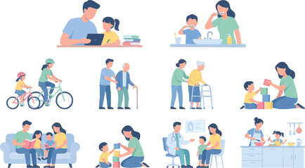 Fototapeta premium Modern family life scenes vector collection. Diverse household activities and daily routines illustrated in flat design.