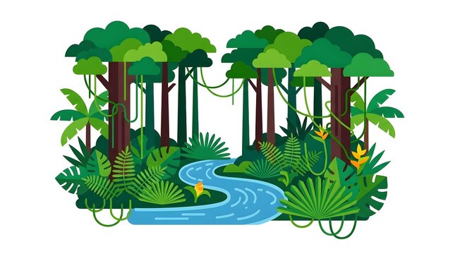 Lush tropical rainforest landscape featuring a winding river, dense jungle trees, hanging vines, exotic plants, and rich green foliage. Flat vector illustration ideal for environmental, biodiversity, 