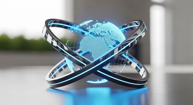 A digital globe within overlapping, illuminated rings, symbolizing global connectivity and data