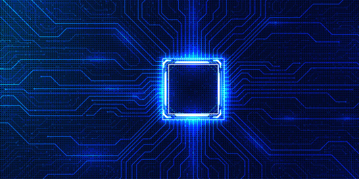Integrated circuit chip processor design with glowing pathways and blue motherboard lines for computer hardware.