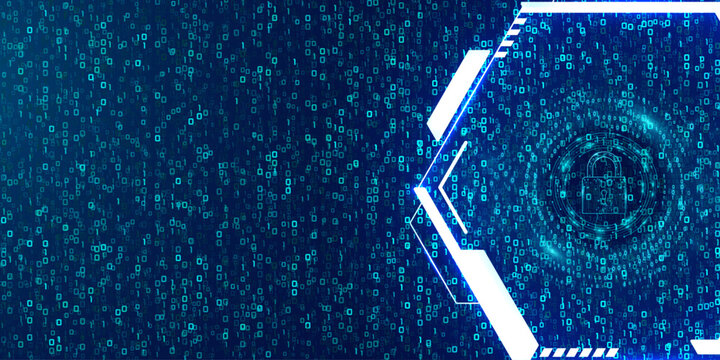 Cybersecurity background with binary code stream and digital padlock icon for data protection and network privacy.