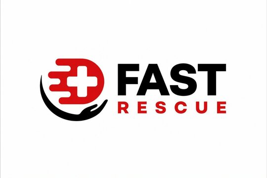 Fast rescue medical emergency logo with red cross and speed lines