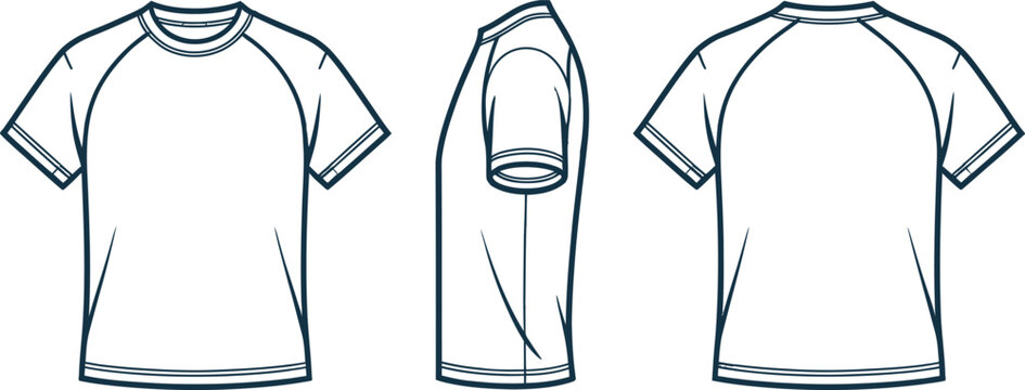 Technical fashion illustration of a raglan sleeve t shirt in a minimalist silhouette style