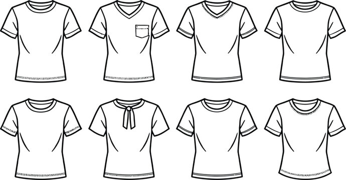 Technical fashion illustration of women's t shirt silhouettes various necklines and styles