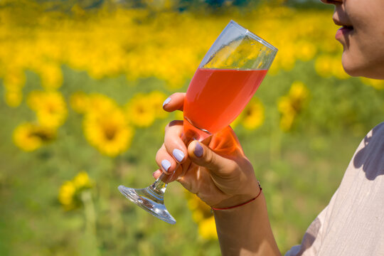 M&acirc;na unei femei țin&acirc;nd un pahar de vin ros&eacute; deasupra unui c&acirc;mp de floarea-soarelui &icirc;nflorit