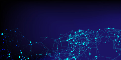 Abstract blue digital network background with glowing nodes and connecting lines, polygonal mesh and bokeh on dark gradient. Technology, internet communication, © MOH