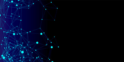 Abstract blue digital network background with glowing nodes and connecting lines, polygonal mesh and bokeh on dark gradient. Technology, internet communication, © MOH