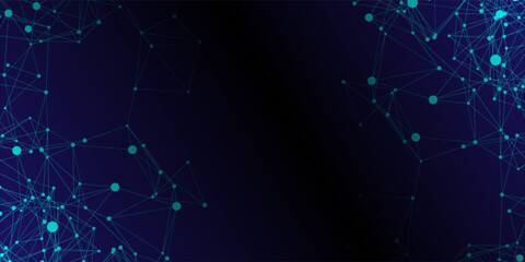 Abstract blue digital network background with glowing nodes and connecting lines, polygonal mesh and bokeh on dark gradient. Technology © MOH
