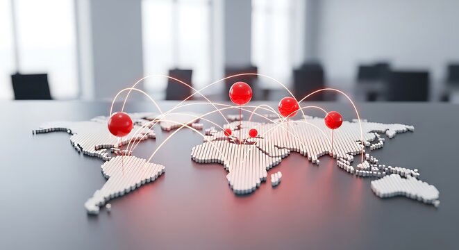 A digital world map with connecting red spheres against a blurred office setting