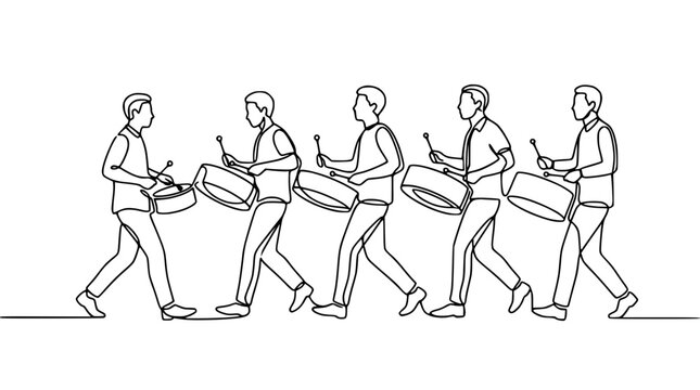 Line art drawing of a marching band playing drums, minimalist style