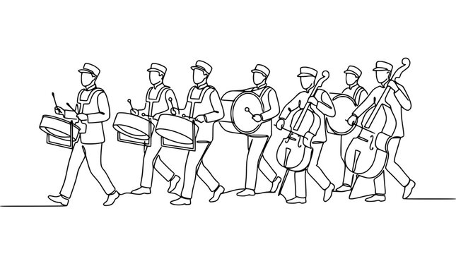 Marching Band Line Drawing: Drums and Cellos in Uniform