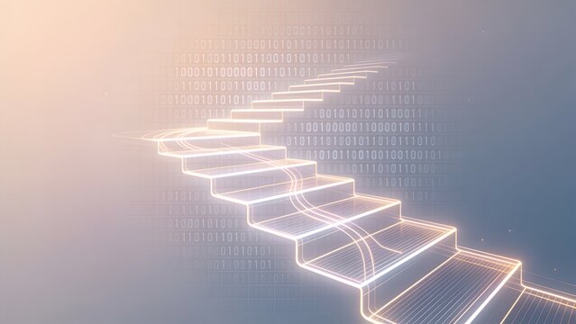 Holographic stairs with glowing steps leading upward into digital binary code and golden dust. Perfect for tech success concepts, digital education blogs, and software banners