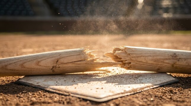 Broken wooden baseball bat resting on a dirty home plate with flying dust for sports failure concepts and intense athletic competition marketing