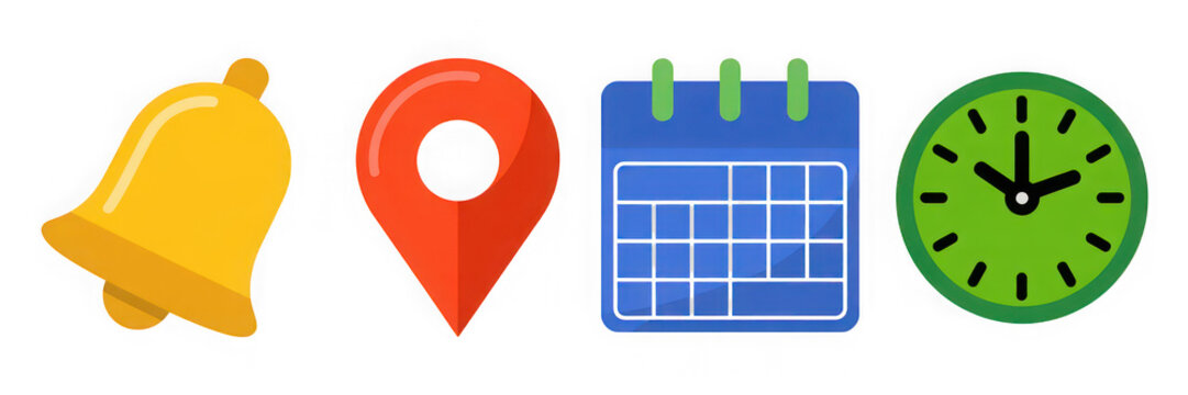 Set of icons representing food, location, calendar, and time management