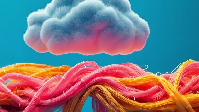 Colorful cloud above bright strands in artistic display of shapes and textures