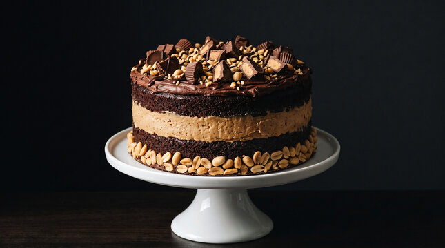 Decadent chocolate peanut butter layer cake topped with peanut butter cups and roasted peanuts on a white cake stand against a dark background