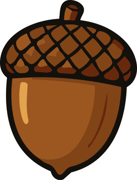 Cartoon illustration of a brown acorn with a textured cap and a small stem.
