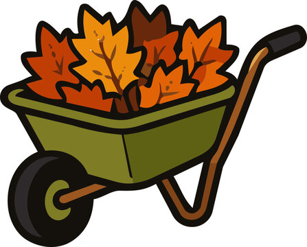 Cartoon illustration of a green wheelbarrow filled with colorful autumn leaves.