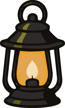 Vintage camping lantern vector illustration with a glowing flame inside.