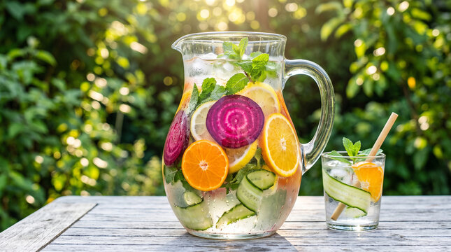 Refreshing detox water with sliced beet, orange, lemon, cucumber and fresh mint leaves in a glass pitcher and a glass on a wooden table outdoors