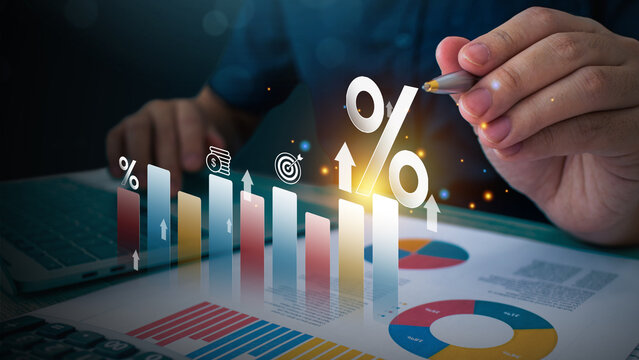 Trading increase revenue asset and profit icon concept. Business hand holding Chart stock market growth rate and growing arrow, analyzing investment diagram in business.