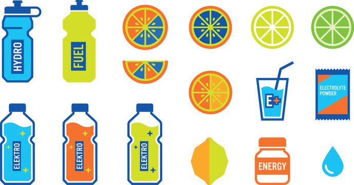 Sports Hydration and Energy Icon Set Featuring Electrolyte Drinks Shaker Bottles Powder Packets Vitamin Supplements and Citrus Fruit Vector Elements