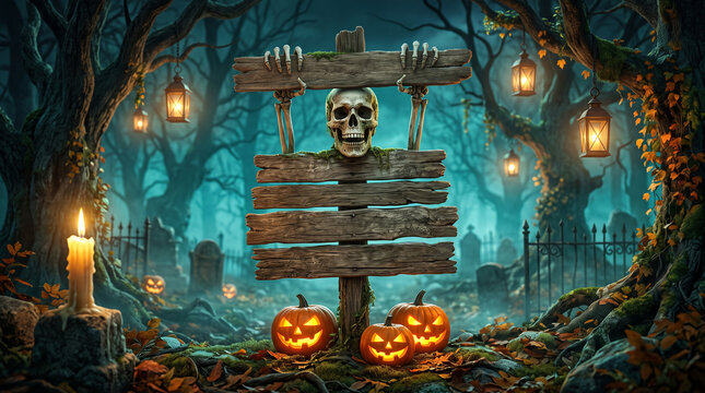 Spooky halloween signpost with a skull in a misty, dark forest graveyard at night with glowing jackolanterns and hanging lanterns, festive holiday background