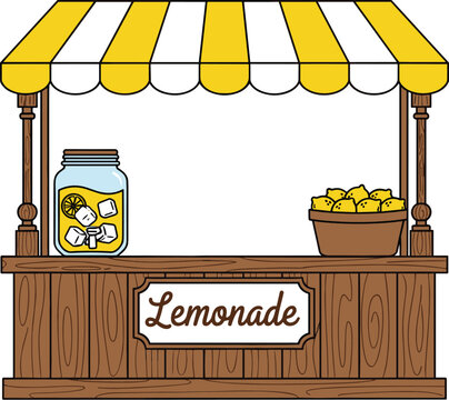 Cute Lemonade Stand Kiosk with Fresh Lemon Drink Jar and Counter Cartoon Summer Beverage Flat Vector Illustration Isolated Design