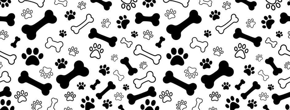 Seamless pattern with dog paw prints and bones vector illustration of pet background, cute wallpaper for dog lovers, textile print, wrapping paper