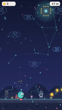 Cute 2D endless runner platformer game screen featuring a cute character in a digital AI cyber landscape with microchips, binary code, network nodes, tiny robots, and gold coins, Vertical