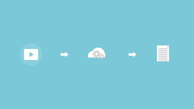 video processing pipeline with a video, a cloud with gears and a document connected by arrows, aqua color scheme