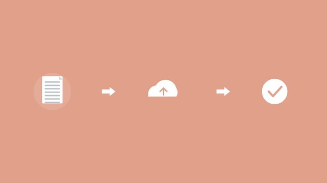 upload flow with a document, a cloud upload and a checkmark connected by arrows, coral color scheme