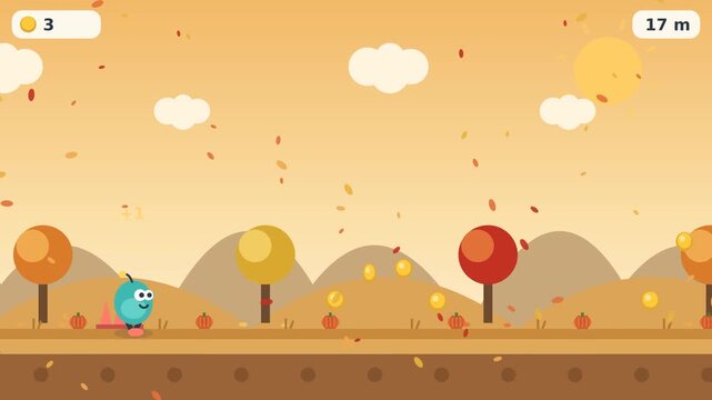 Cute 2D endless runner platformer game screen featuring a cute character in a cozy autumn landscape with orange trees, falling leaves, pumpkins, gold coins, and a warm sunny sky