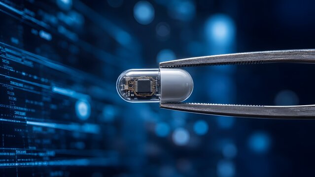 High quality photo of a medical smart pill containing a microchip held with metallic tweezers. This image is suitable for nanotechnology articles, digital health blogs, and biotech tech ads.
