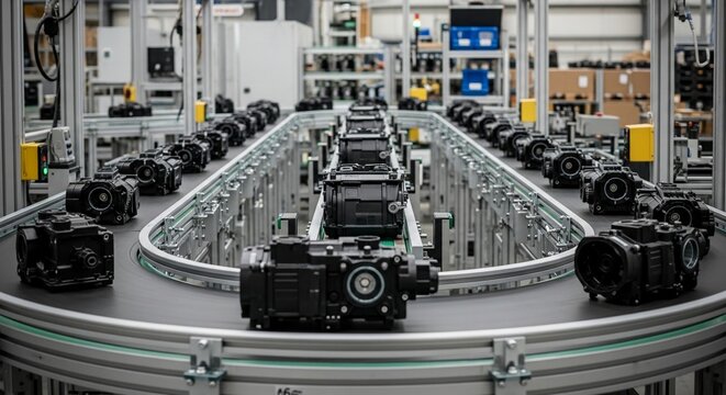 Cameras moving on an automated conveyor belt in a modern factory assembly line