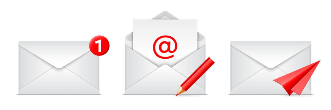 Vector illustration of opened and closed paper envelopes and letters related to e-mail and messaging. Realistic mockup or template, isolated on white background