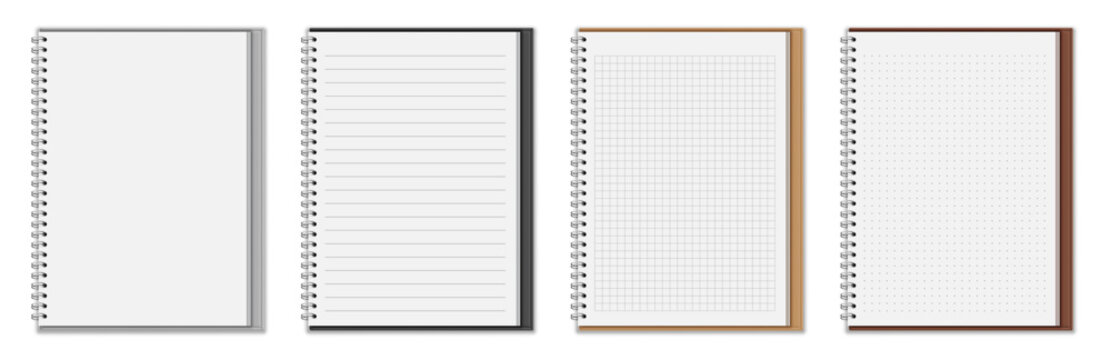 Vector illustration of blank paper notepads with different patterns and covers. Realistic mockup or template, isolated on white background