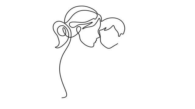 Animated self drawing of continuous line draw of Mother and baby line art vector illustration, mothers day celebration, Full length one line animation. 4K	
 