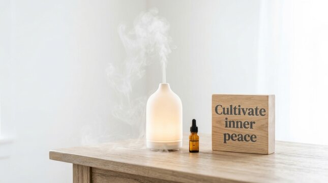 Aroma diffuser releasing steam next to essential oil bottle