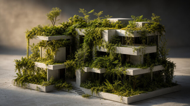 A detailed surreal conceptual photo of a minimalist modern architectural model made of clean white porous concrete, organically overrun and covered by a rich lush green forest ecosystem of moss and fe