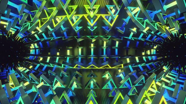 Hypnotic seamless loop of a futuristic geometric array. Abstract digital system made of rotating triangular prisms, crystalline lattices and textured metal grids, creating deep abstract background.