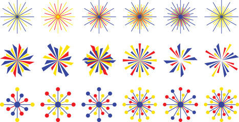 Colorful vector fireworks and geometric starburst icon set in primary colors for festive celebration designs © tajwar