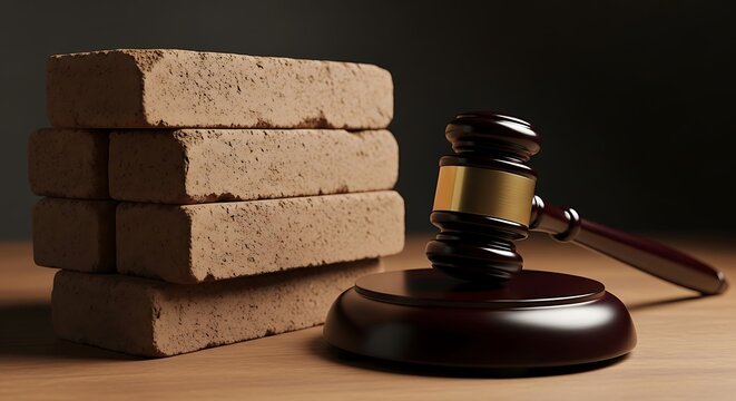 A gavel beside a stack of bricks, symbolizing law and construction or legal matters