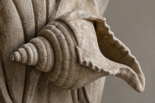 Close-up of a weathered classical Greek sculpture of a conch shell.
